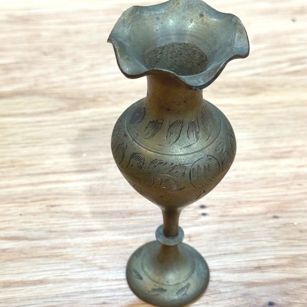 Vintage Etched Brass Bud Vase 5 Inch Ruffled Rim Floral Boho Decor